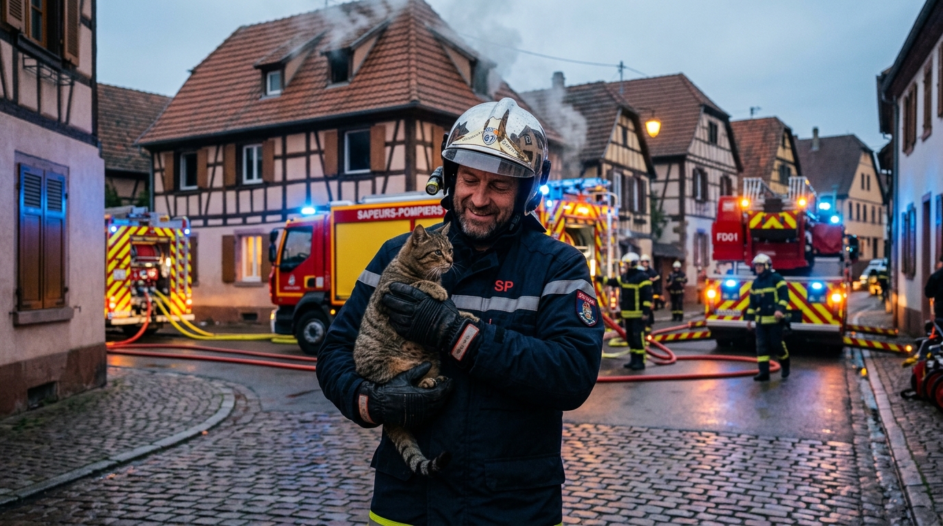 Un sapeur-pompier français portant un chat secouru devant une maison en Alsace