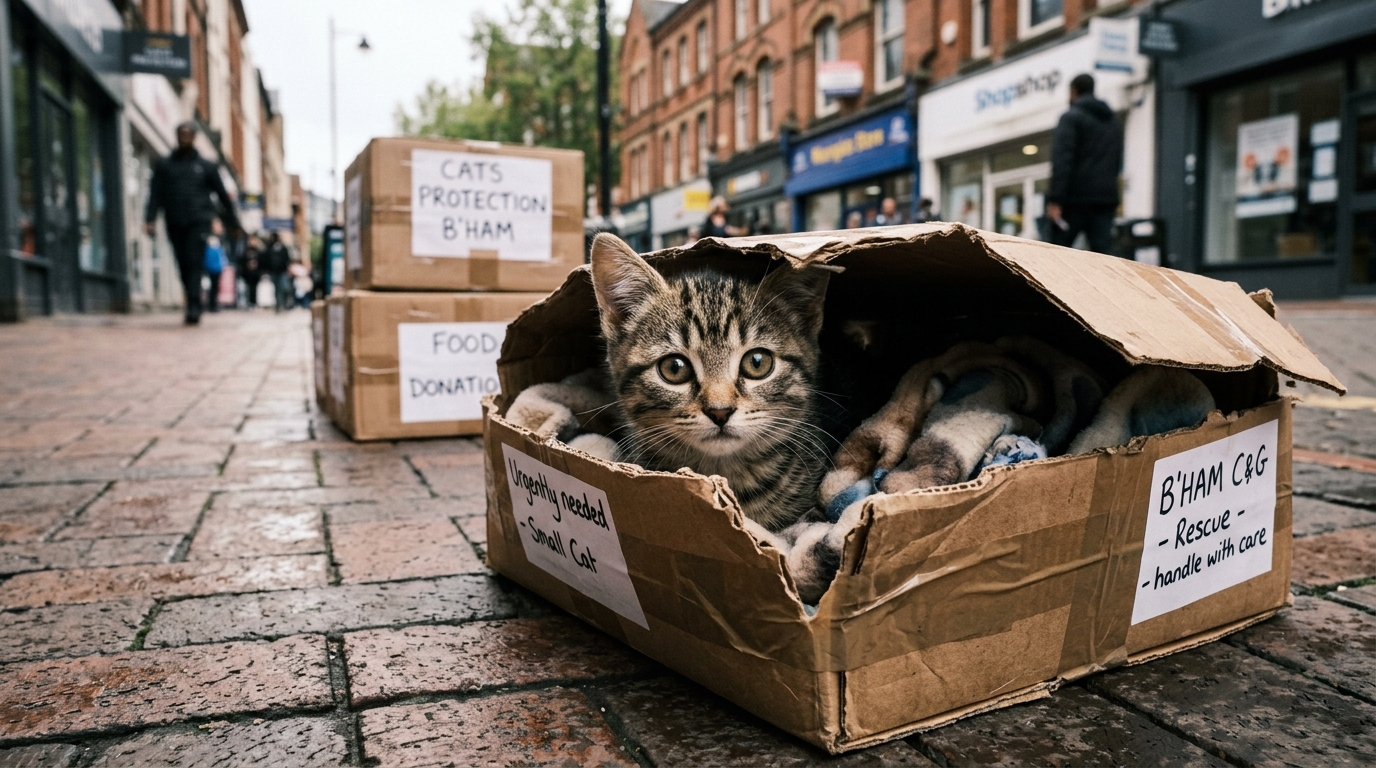 Un petit chaton regardant hors d'un carton d'emballage entr'ouvert dans une rue