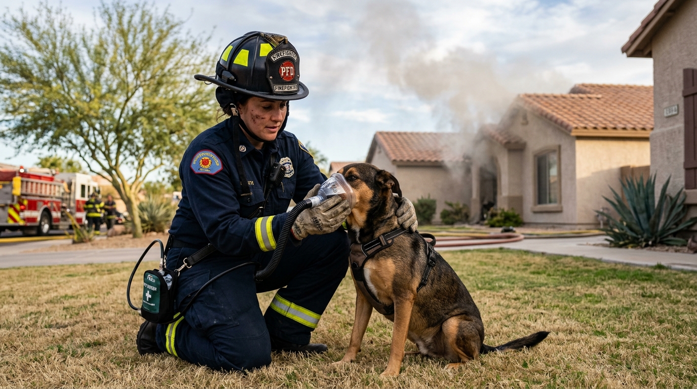 Pompier administrant de l'oxygène à un chien avec un masque Fido devant une maison.