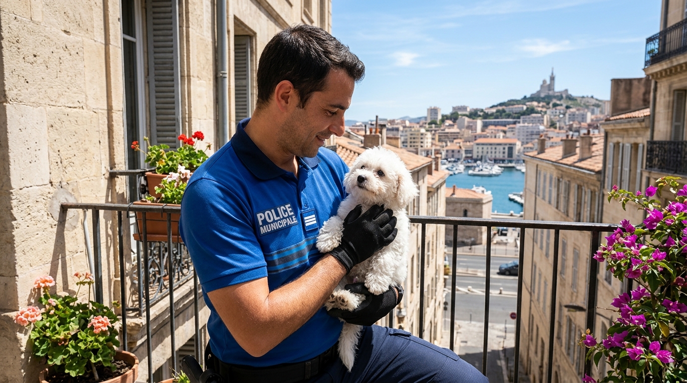 Un policier secourt un petit Bichon Frisé blanc sur un balcon en plein soleil à Marseille.