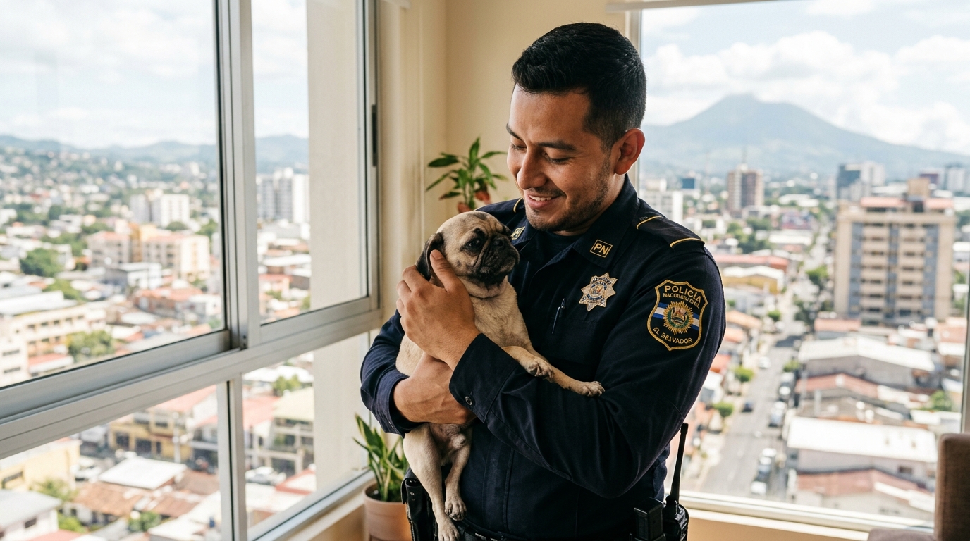 Un policier tenant gentiment un petit Carlin sauvé près d'une fenêtre à San Salvador