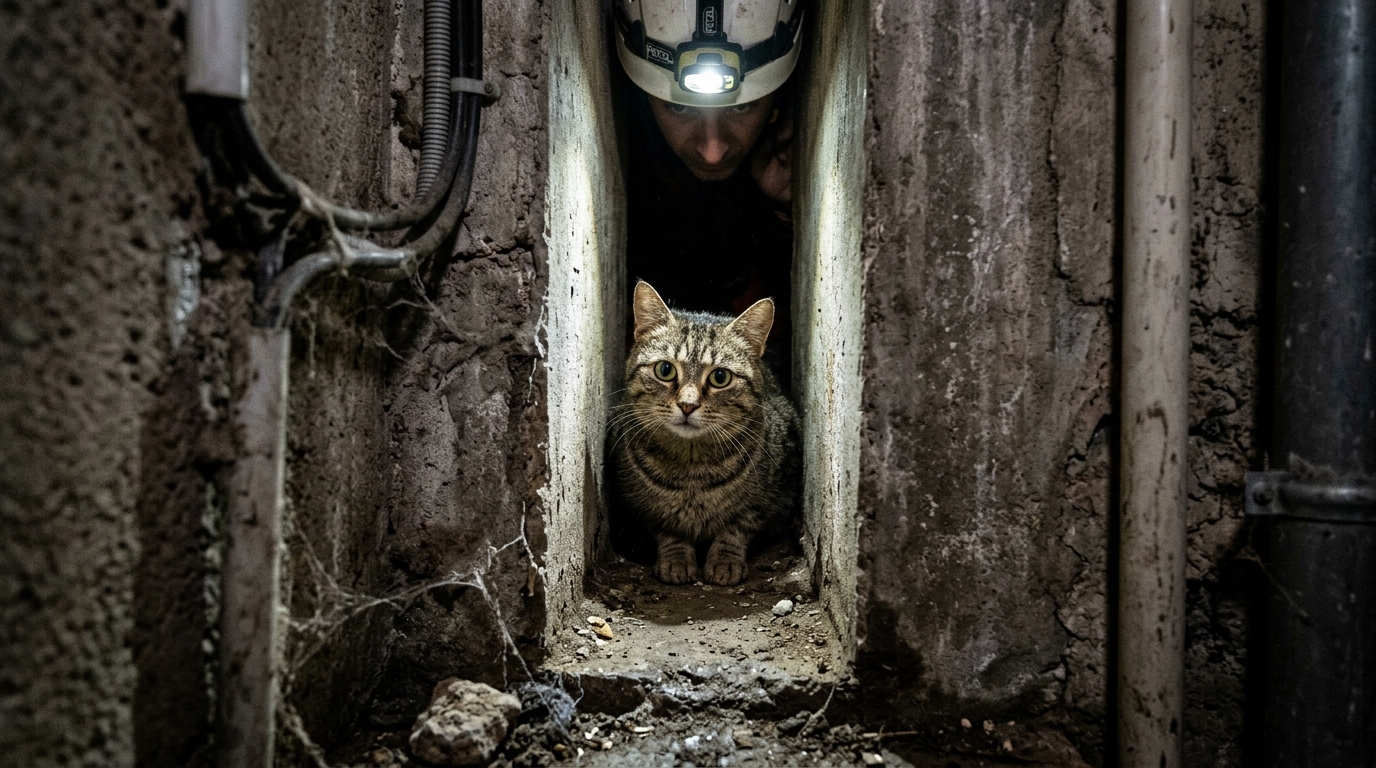 Un chat tigré aperçu dans un espace étroit entre deux murs en béton lors d'un sauvetage.