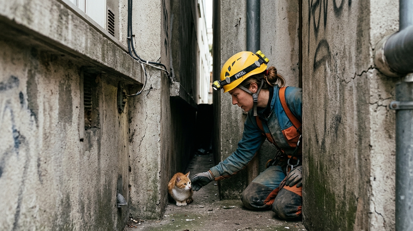 Un chat secouru dans un espace étroit entre deux bâtiments
