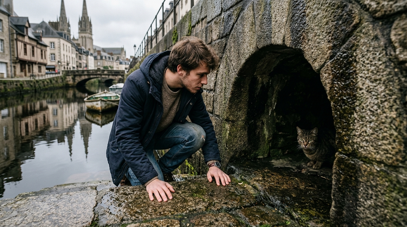 Un jeune homme cherche un chat près des quais du Steïr à Quimper.