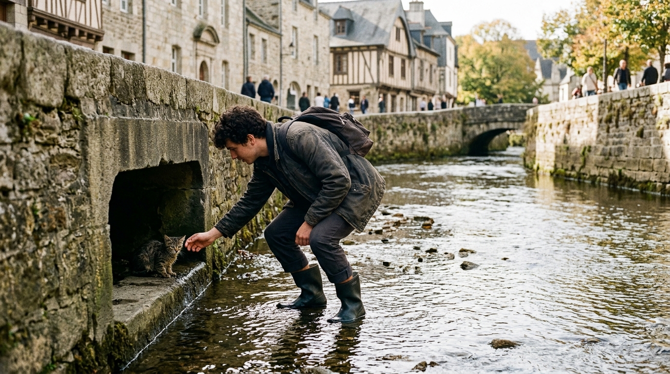 Un jeune homme tente de récupérer un chat dans un conduit près d'une rivière à Quimper.