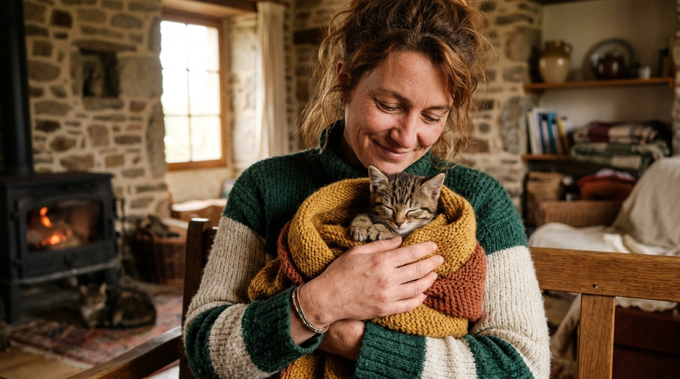 Une bénévole tenant avec soin un petit chaton recueilli en Bretagne