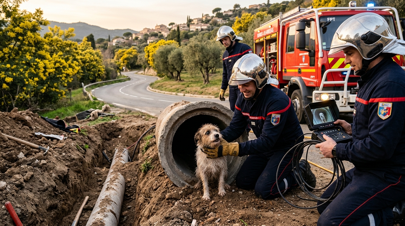 Pompiers français secourant un chien coincé dans une canalisation à Bormes-les-Mimosas