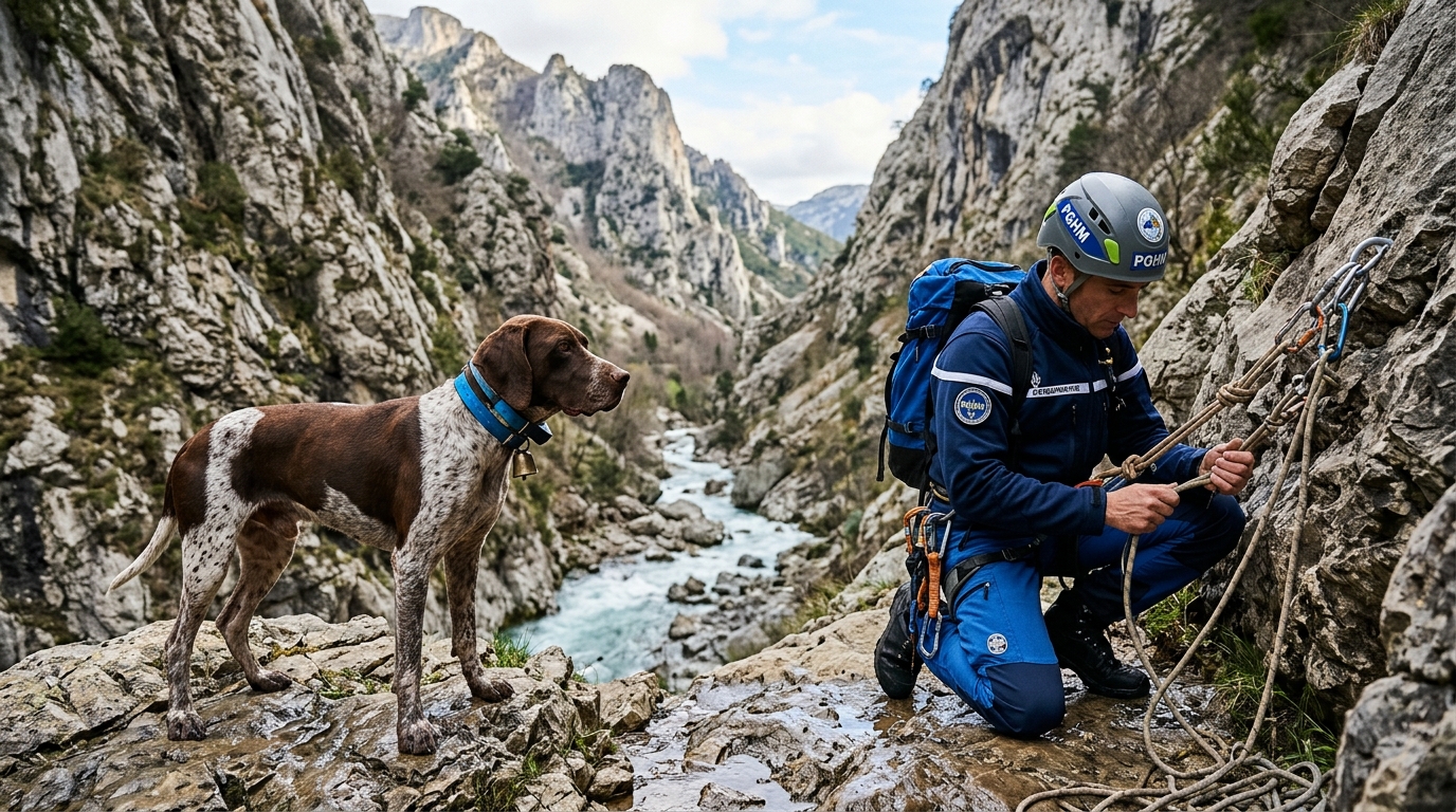 Un chien de chasse secouru au fond d'un canyon escarpé dans les Pyrénées.