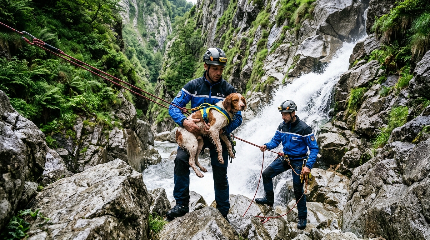 Un chien de chasse secouru au fond d'un canyon escarpé par des secouristes en montagne