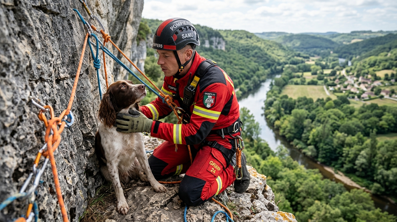 Pompier secouriste français intervenant sur une falaise pour secourir un chien bloqué.