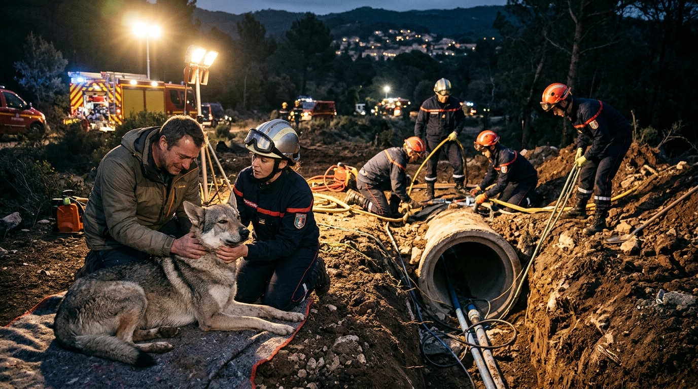 Chien-loup tchécoslovaque secouru par des pompiers dans le Var