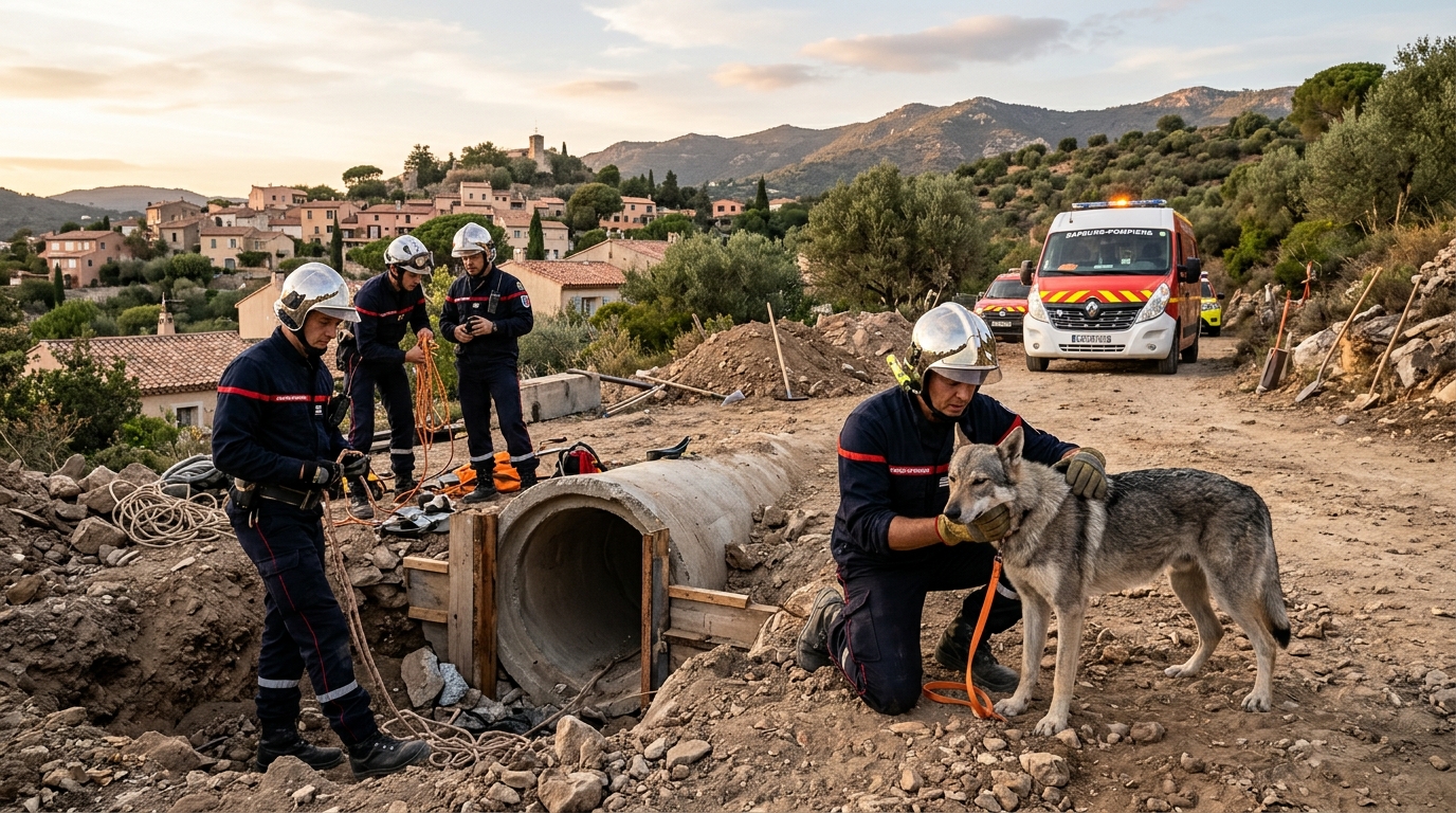 Un chien-loup tchécoslovaque auprès des pompiers après son sauvetage dans le Var.