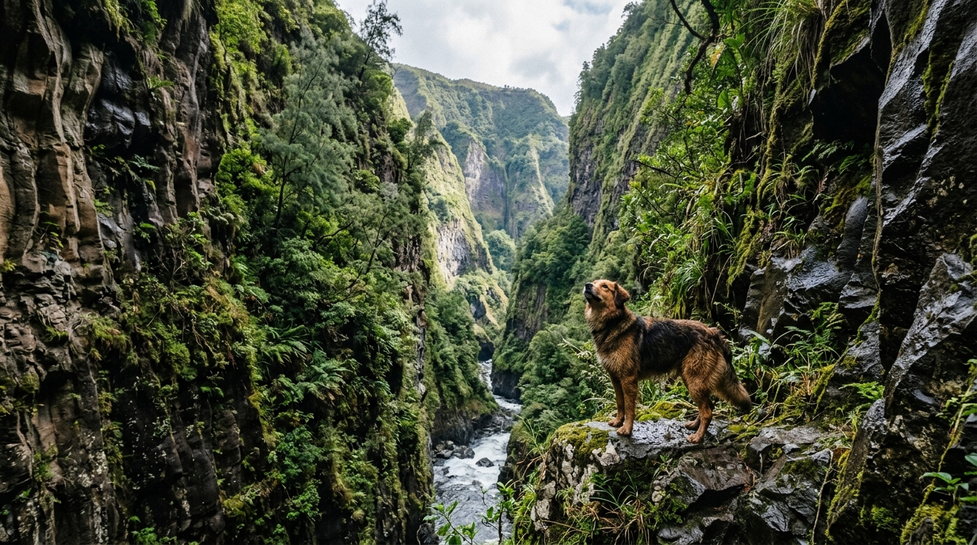 Un chien apeuré au fond d'une ravine rocheuse à La Réunion