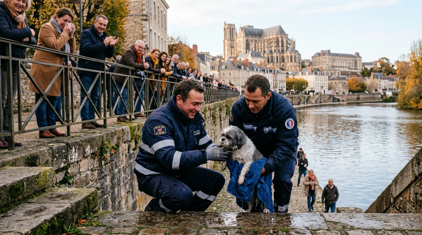 Deux hommes secourent un petit chien dans la rivière Sarthe au Mans