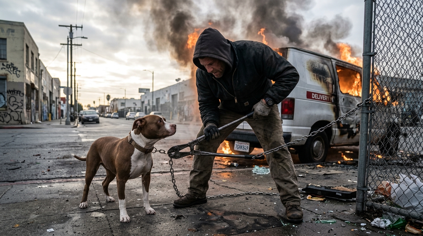 Un passant secourt une chienne Pitbull attachée à un véhicule en feu dans une rue urbaine.