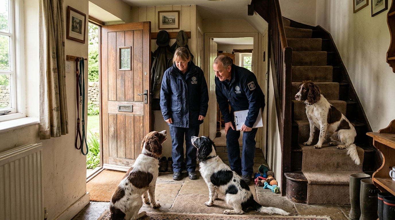 Plusieurs chiens springer anglais observent des intervenants dans une maison en Angleterre