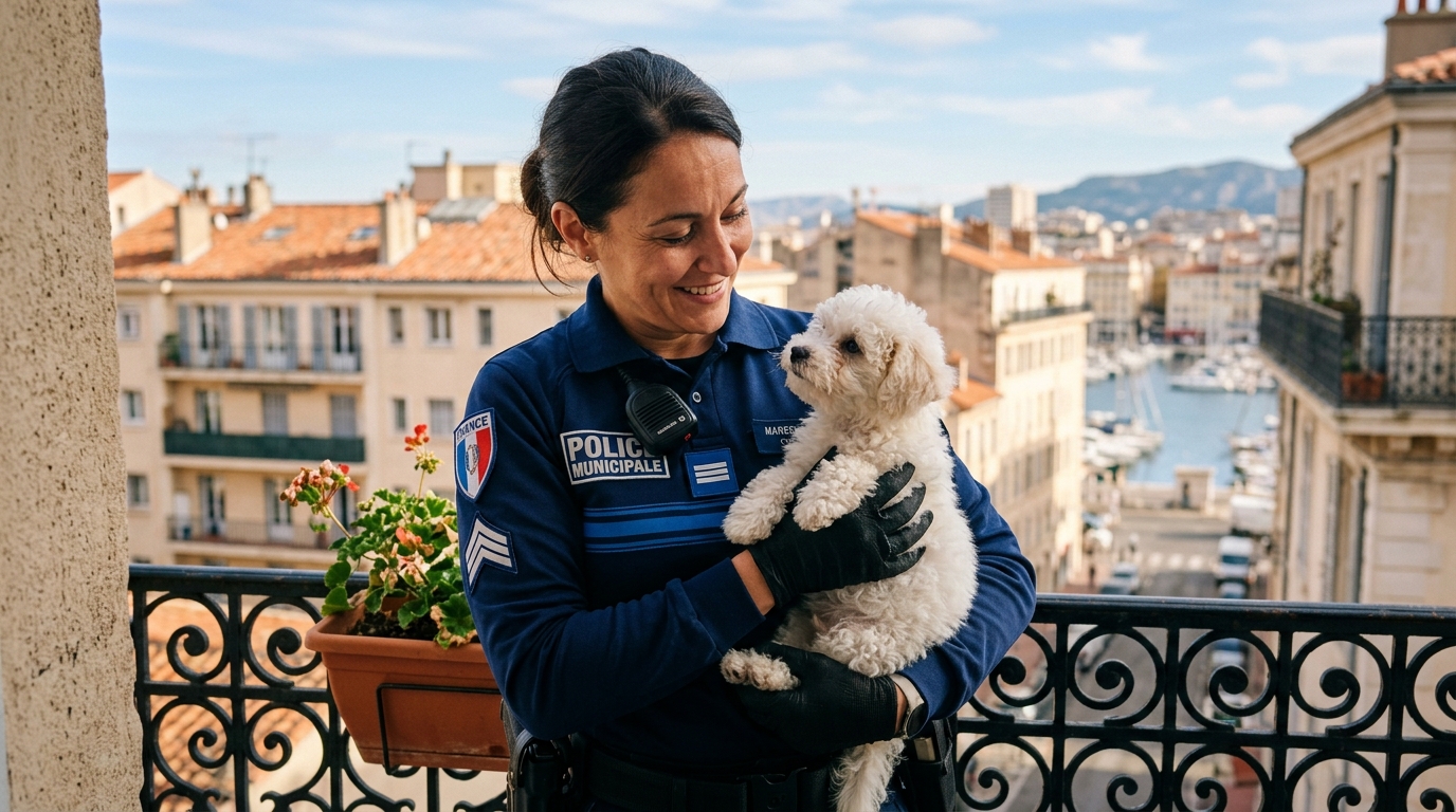 Un policier municipal français secourt un petit chiot Bichon frisé blanc sur un balcon d'immeuble.