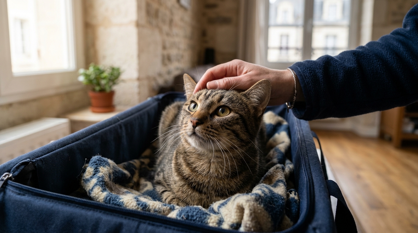Un jeune chat recueilli lors d'un sauvetage à Poitiers réconforté par un bénévole.