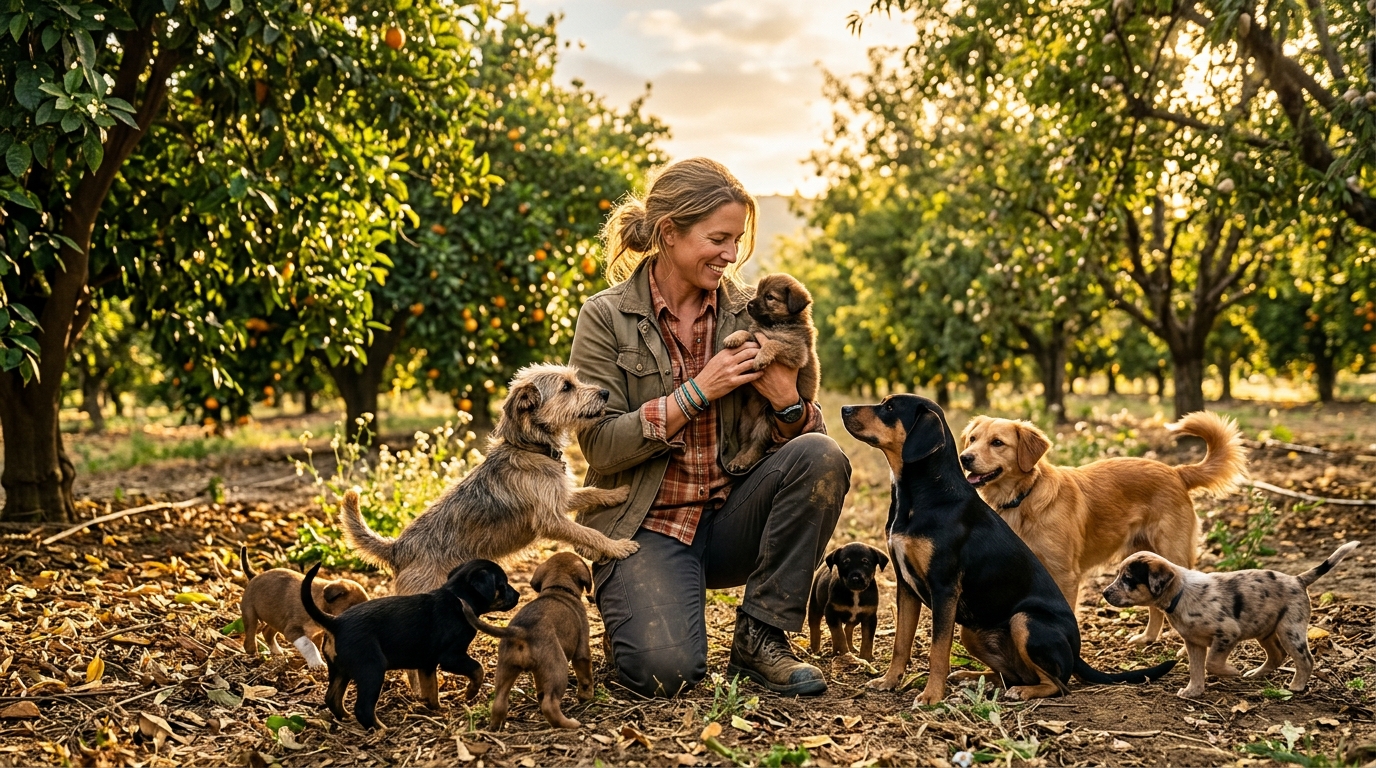 Une sauveteuse entoure de chiots et de chiens adultes dans un verger ensoleille.
