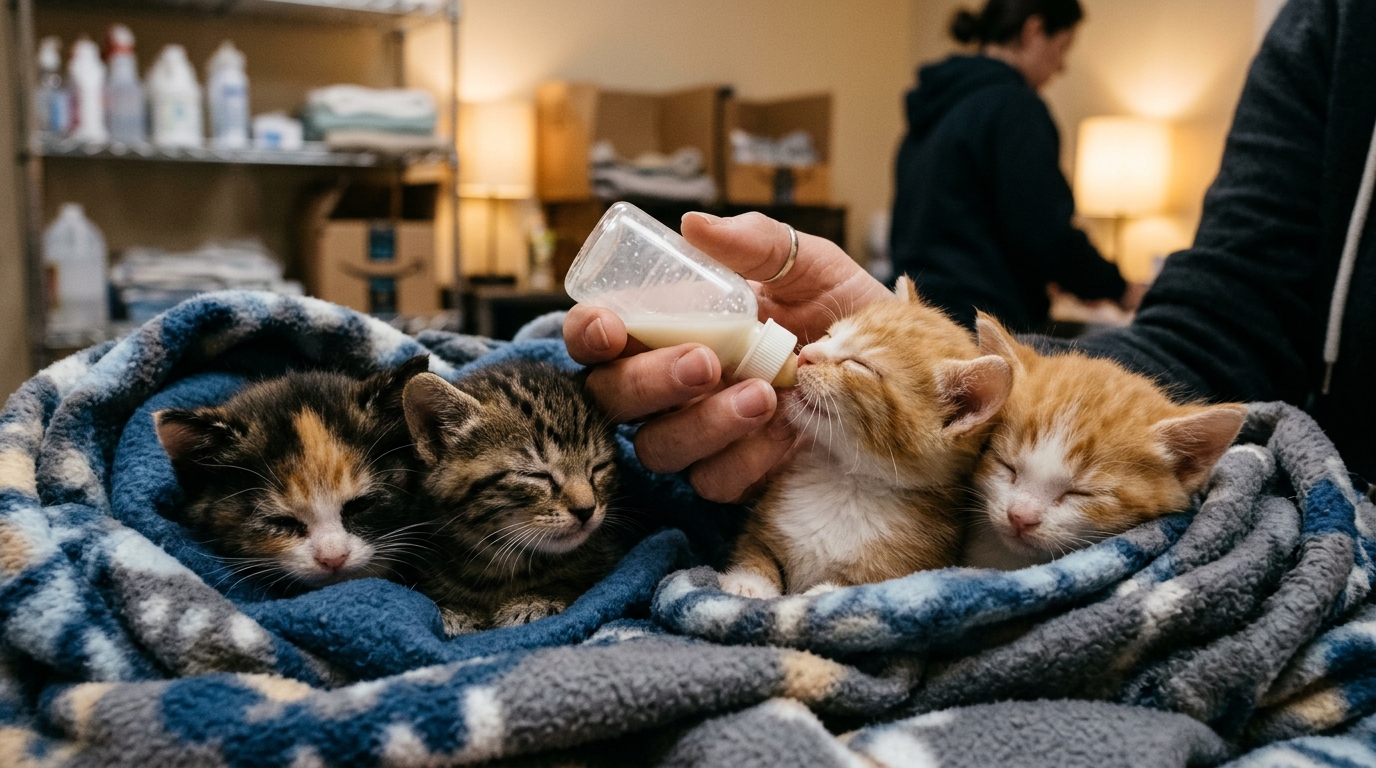 Trois tout petits chatons réchauffés sous une couverture douce après une tempête