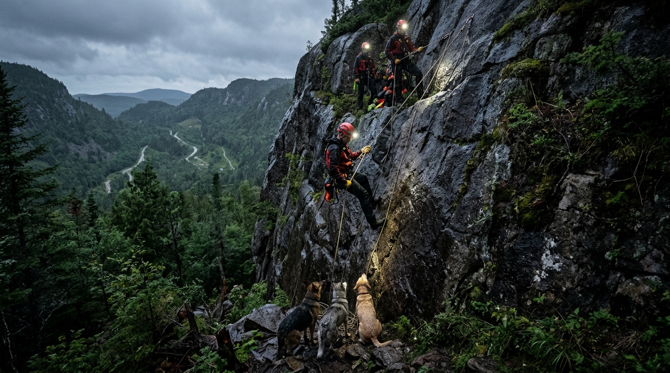 Des secouristes descendant en rappel le long d'une falaise rocheuse sous la pluie pour secourir trois chiens.