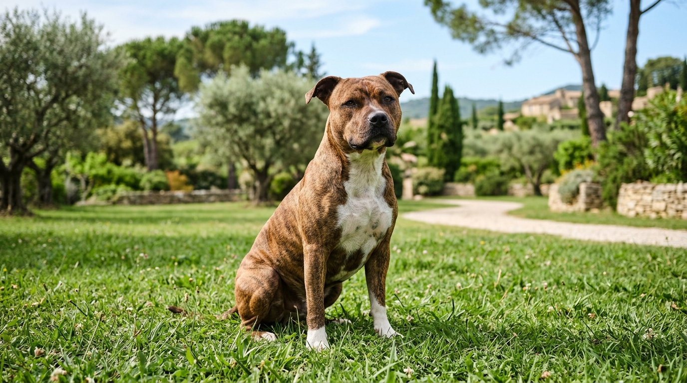 Un grand chien calme de type staff assis dans l'herbe d'un parc du Gard.
