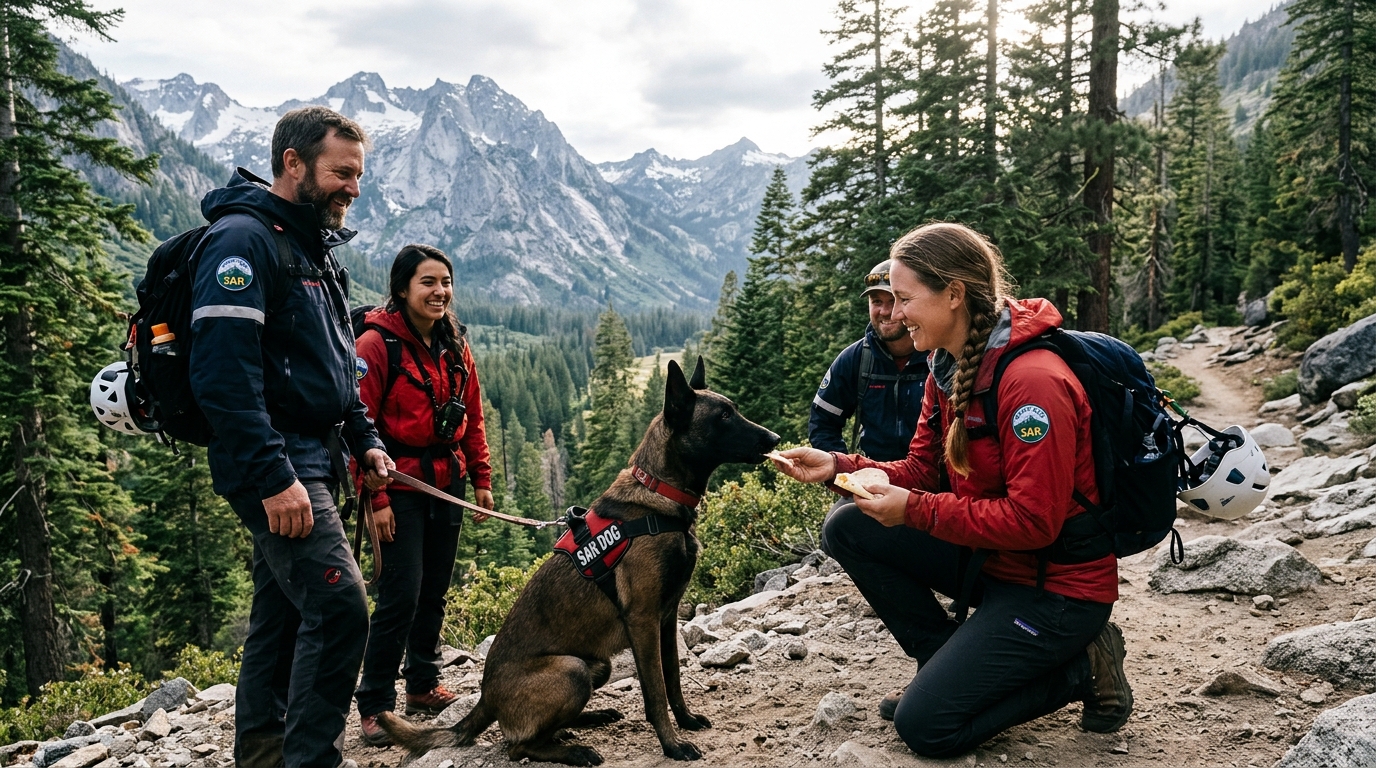 Secouristes en montagne approchant une chienne berger belge perdue avec de la nourriture