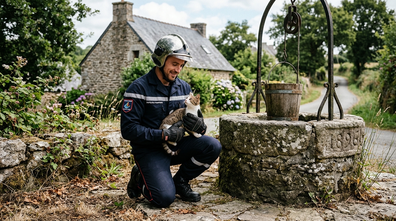 Un pompier français secourant un chat tigré près d'un puits en Bretagne