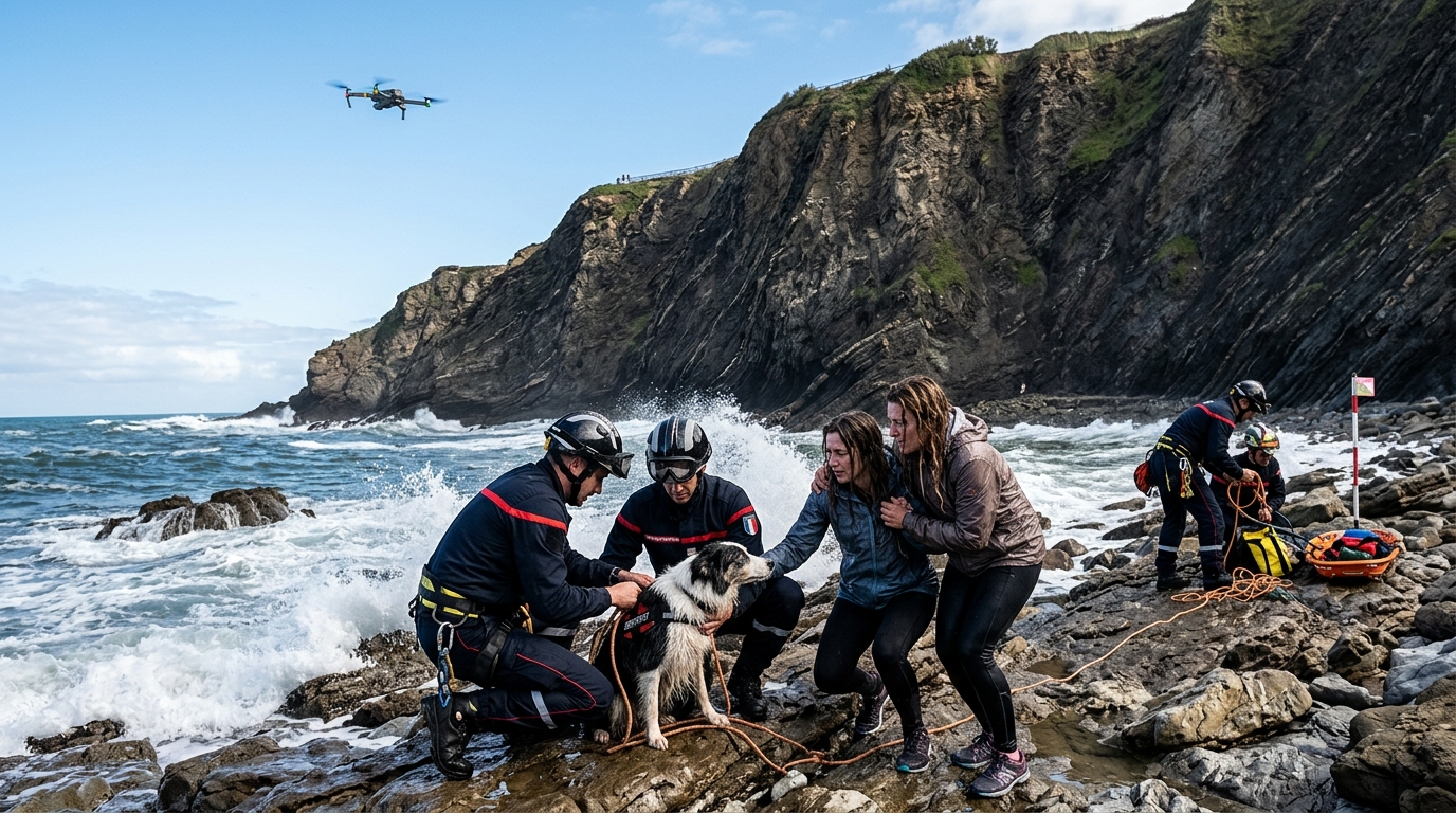 Pompier secourant un chien au pied des falaises de Bidart