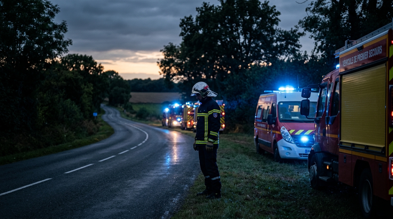 Véhicules de secours des pompiers français sur une route près de Samer en soirée.