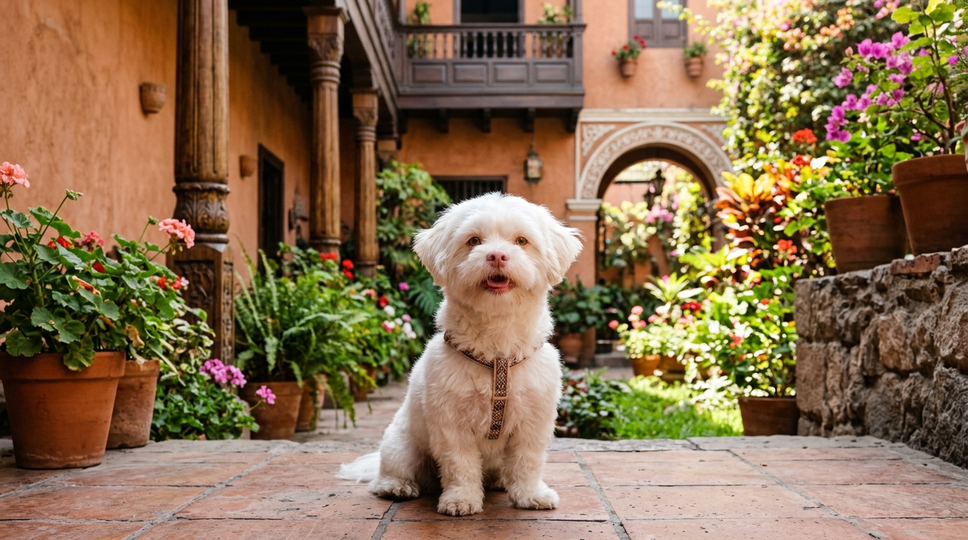 Un petit Shih Tzu albinos au pelage blanc et à la truffe rose assis dans un jardin