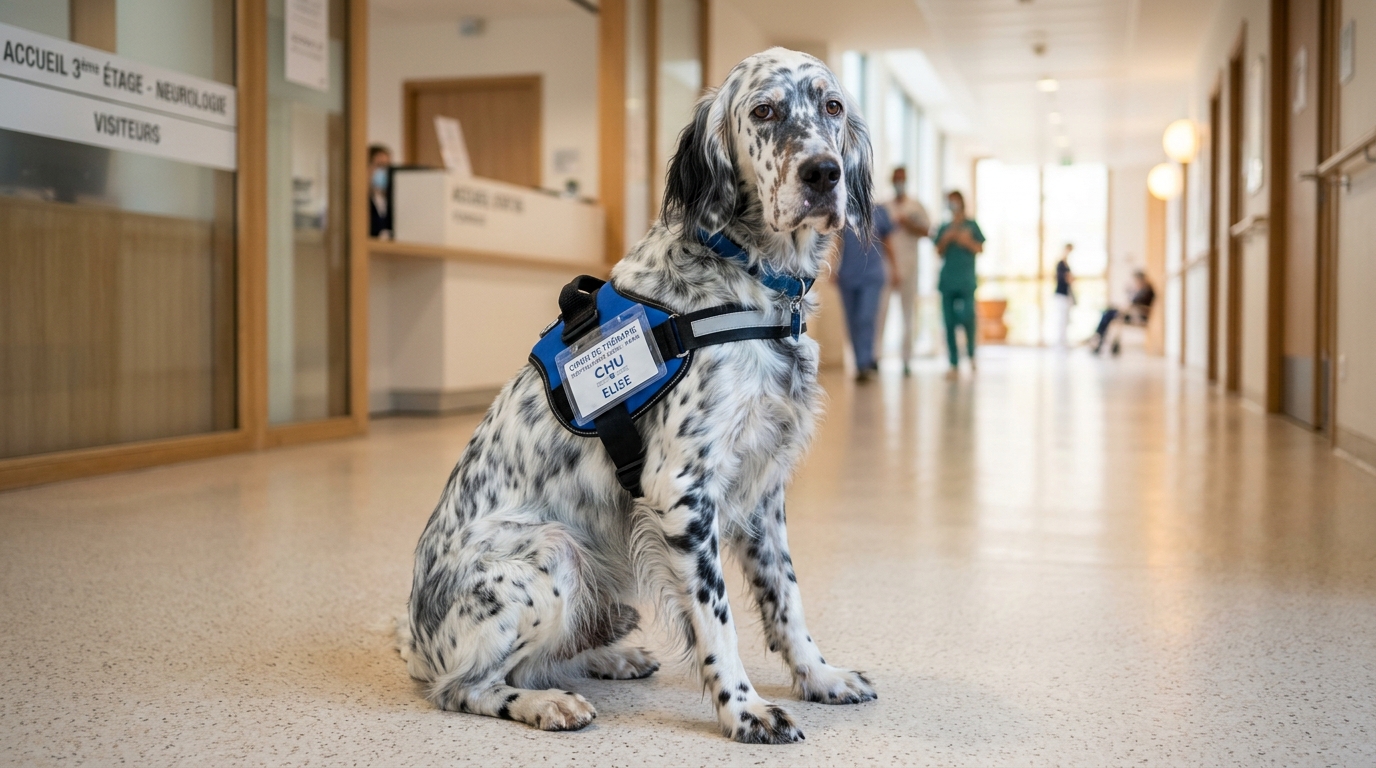 Un setter anglais avec un harnais d'auxiliaire de soins assis dans un couloir d'hôpital lumineux