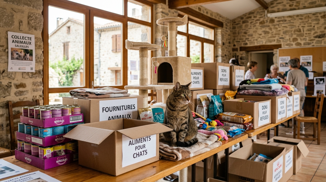 Collecte de dons et nourriture pour chiens et chats dans une salle municipale à Saleilles.