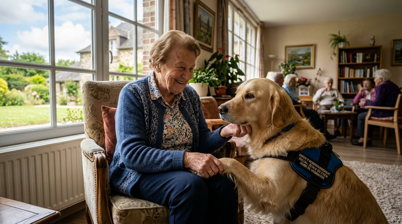 Golden retriever d'accompagnement social caressé par une personne âgée dans une maison de retraite.