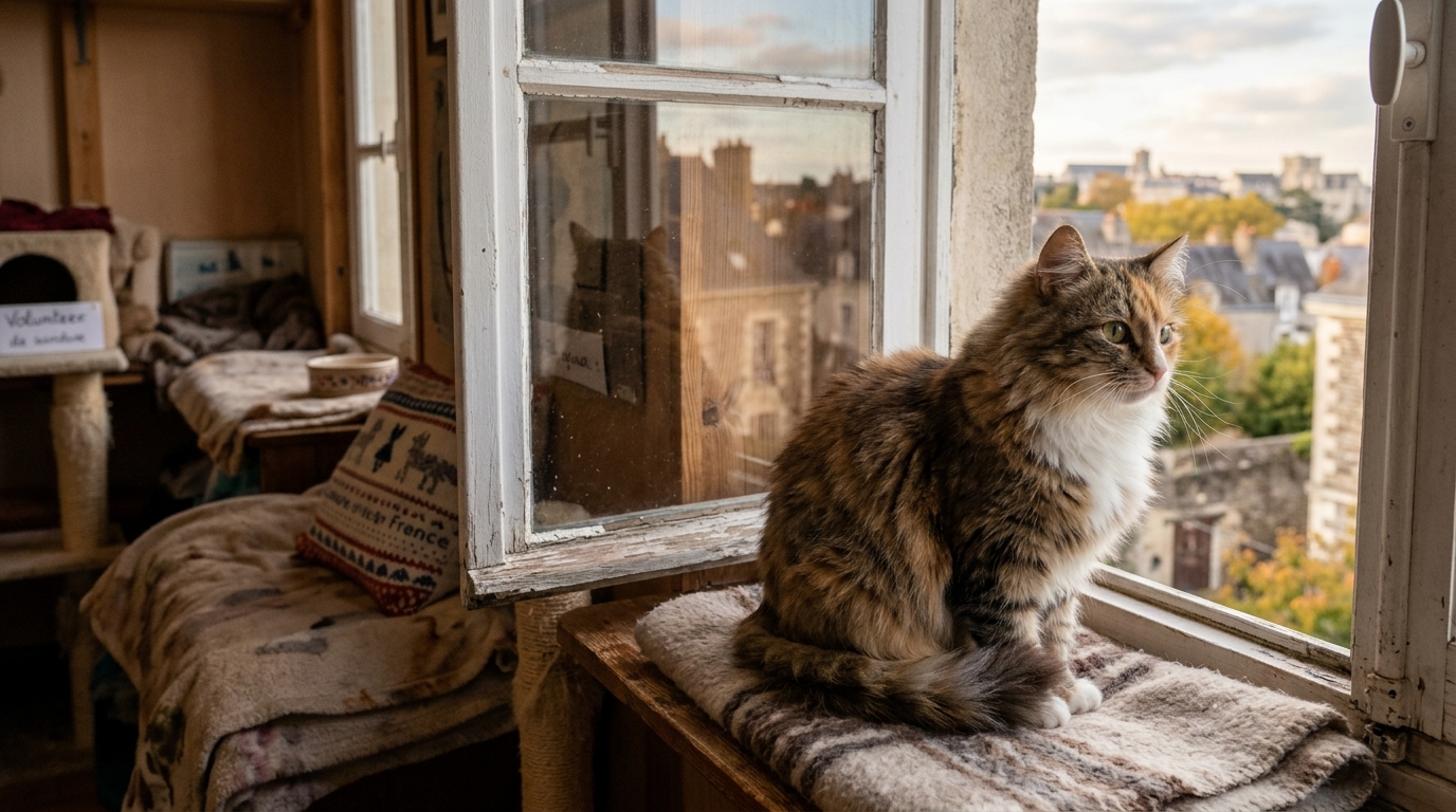Un chat pose calmement près d'une fenêtre dans un refuge chaleureux à Angers.