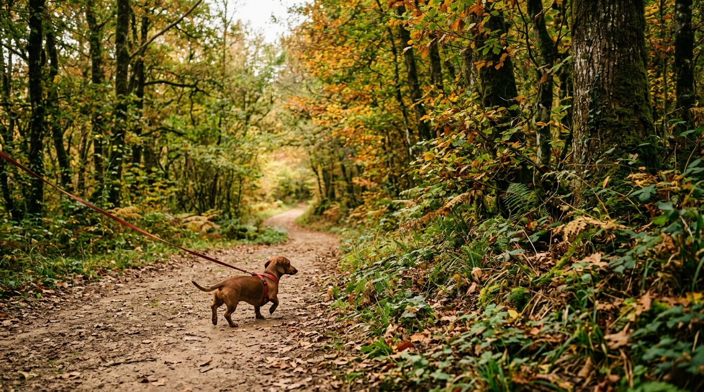 Un teckel marron tenu en laisse marchant sur un chemin à la lisière d'une forêt française
