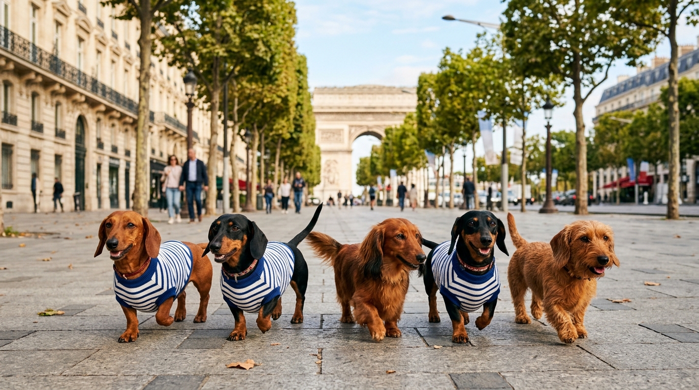 Plusieurs petits teckels vêtus de marinières se promènent sur une grande avenue parisienne.