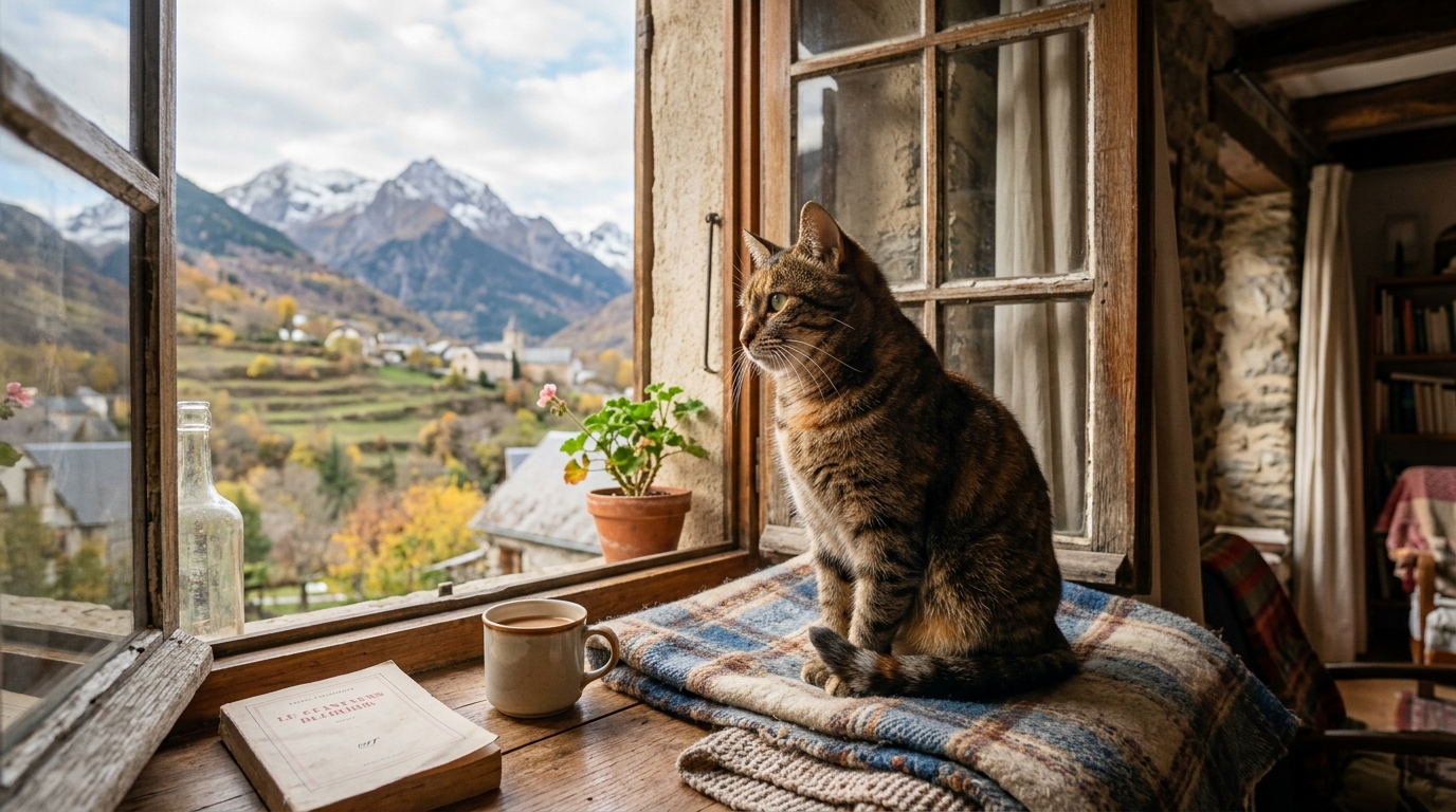 Un chat assis près d'une fenêtre dans une maison paisible en France