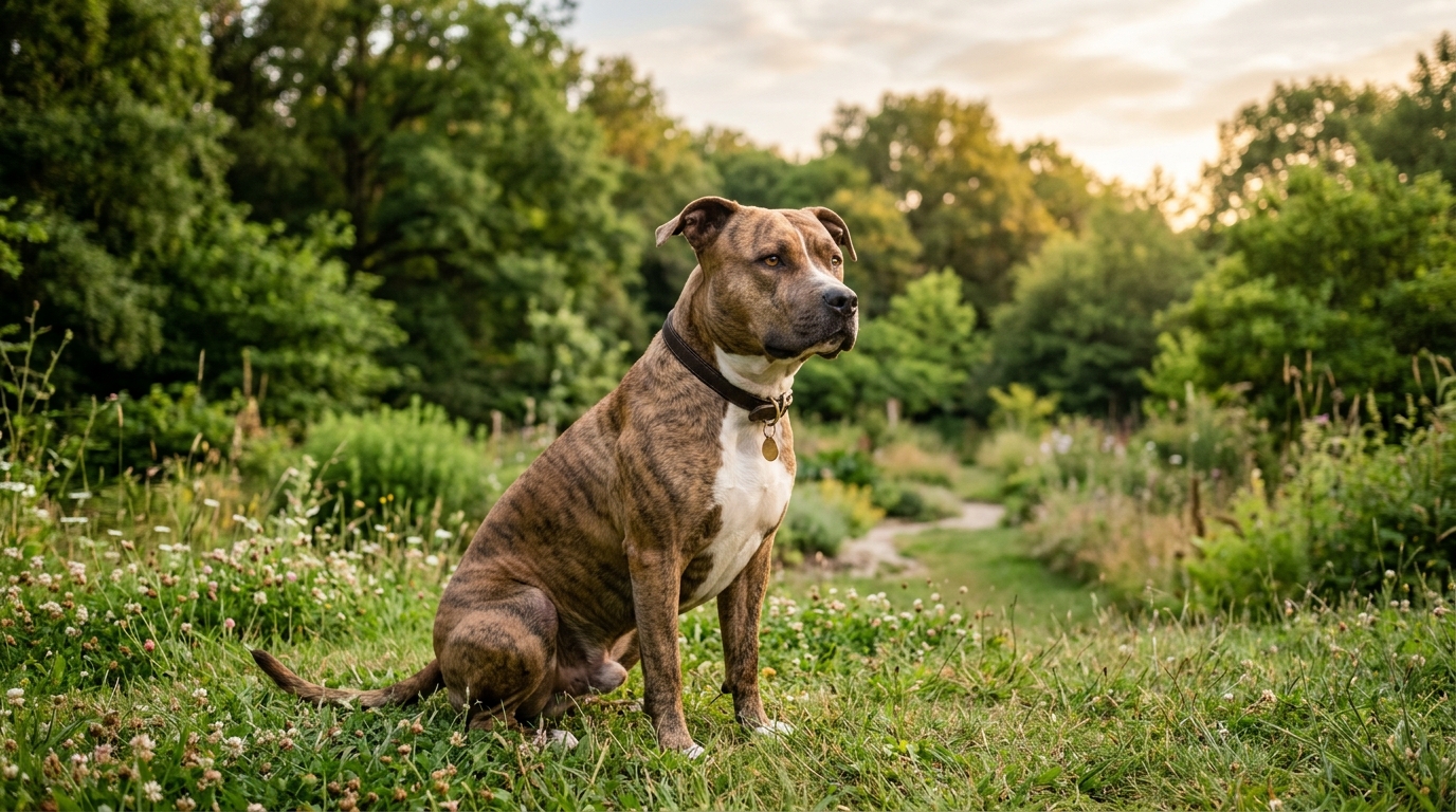 Thor, un chien American Staffordshire assis patiemment dans un refuge en Lorraine.