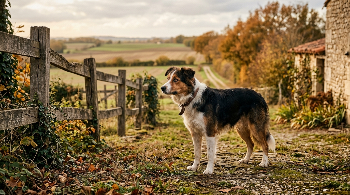 Un chien vigilant dans le jardin d'une maison rurale en Charente-Maritime