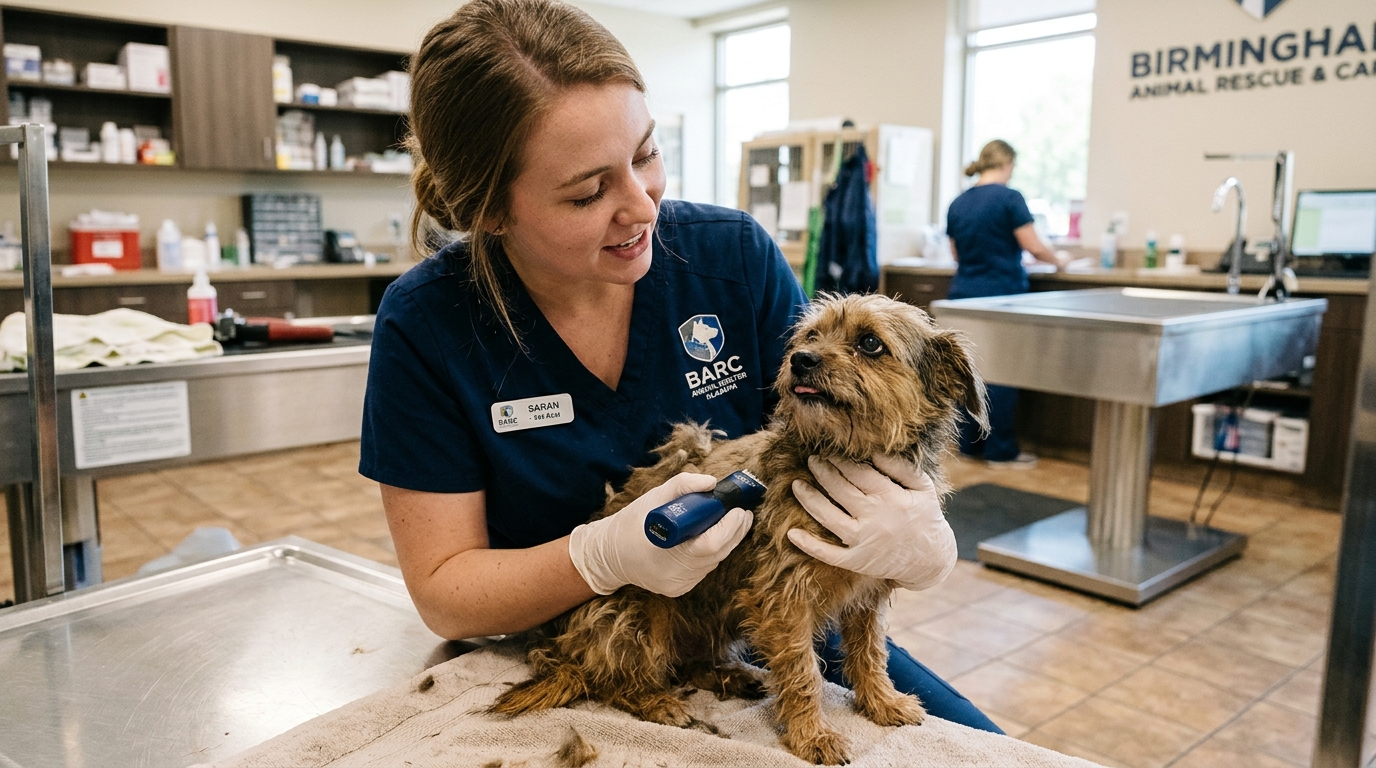 Un petit chien croisé en cours de soin et de tonte médicale dans un refuge.