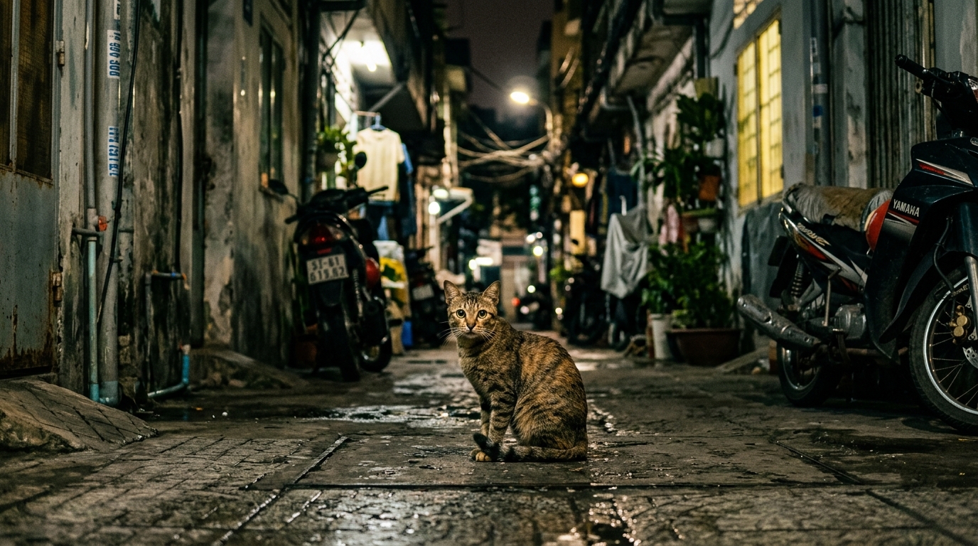 Un chat tigré aperçu de nuit dans une rue résidentielle au Vietnam