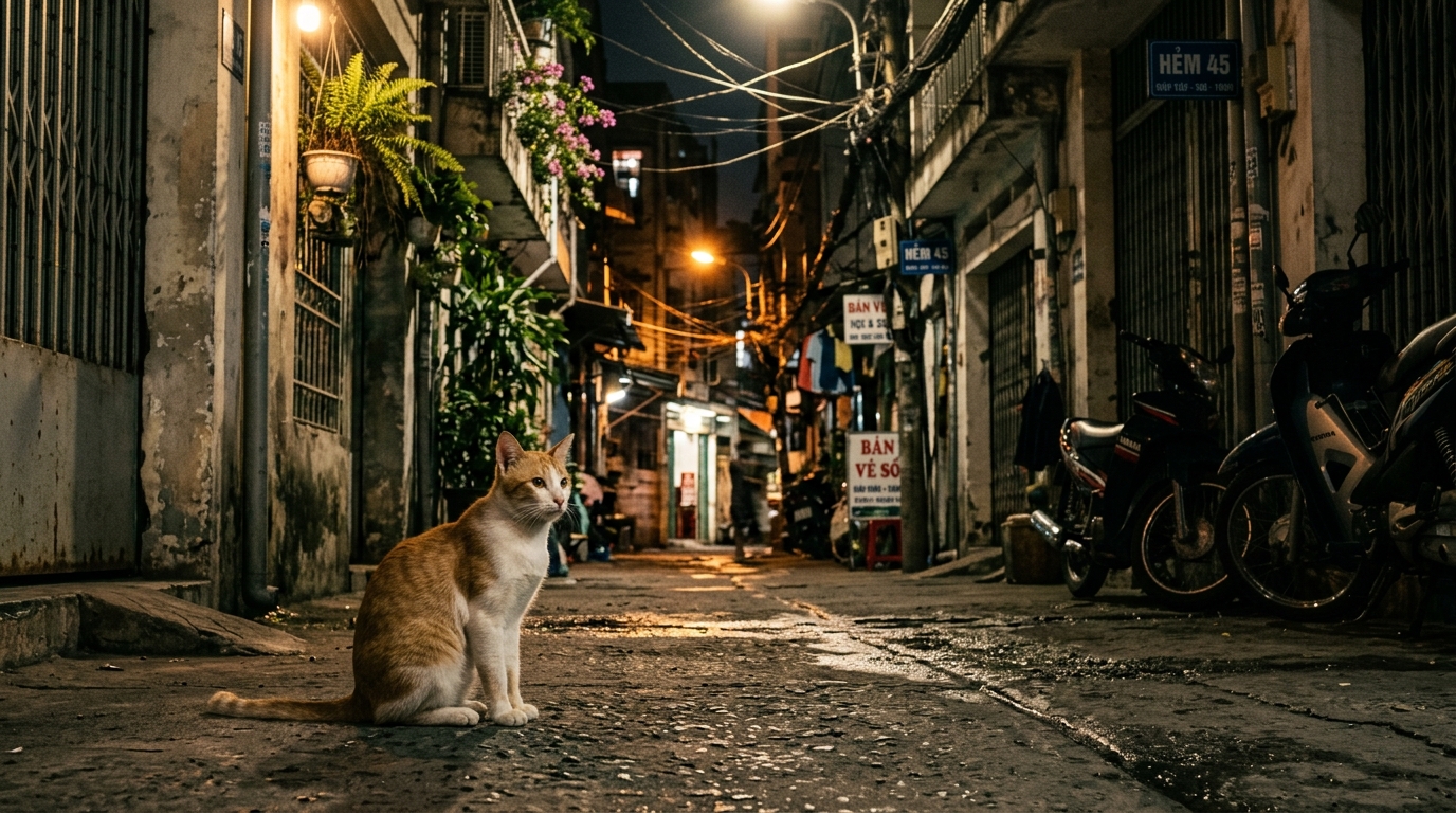 Un chat assis dans une ruelle éclairée la nuit à Hô Chi Minh-Ville.