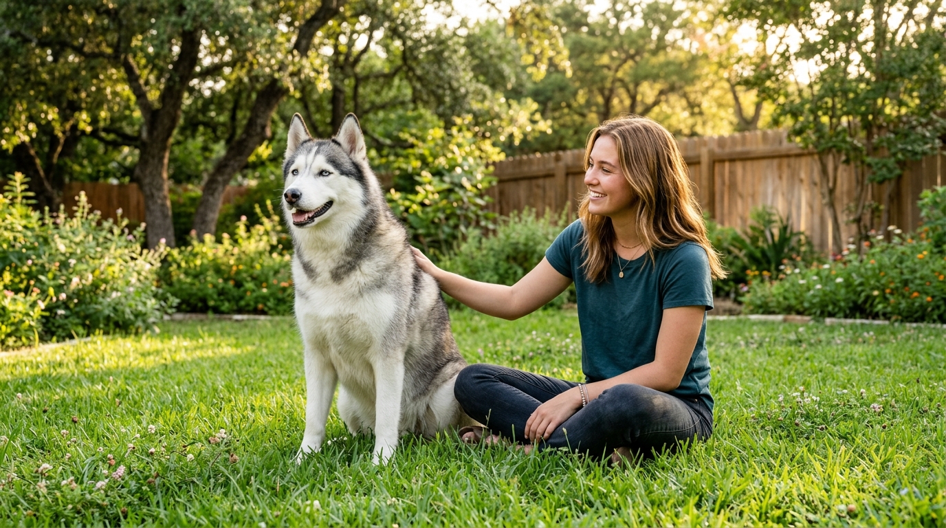 Un husky en pleine santé assis dans un jardin ensoleillé aux côtés de sa bienfaitrice.