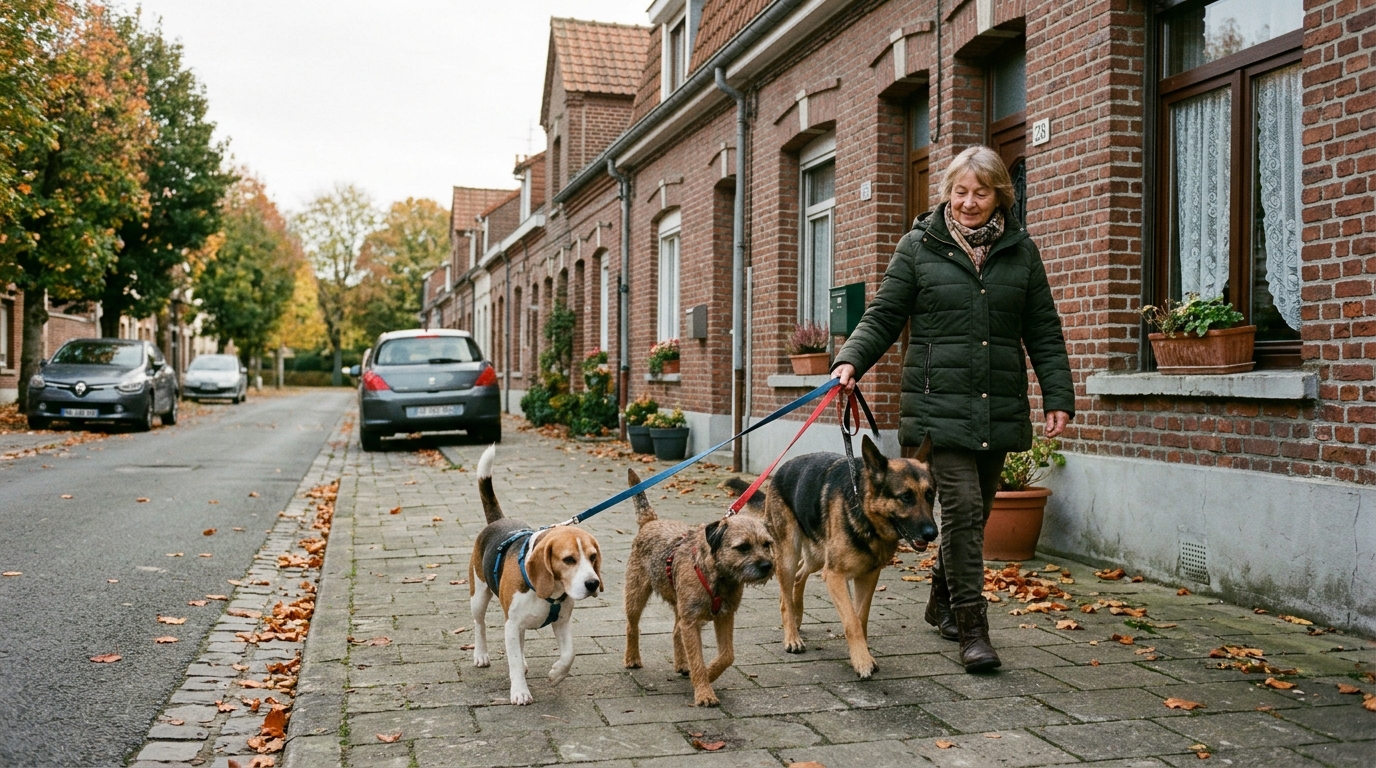 Trois chiens tenus en laisse près de leur propriétaire en ville