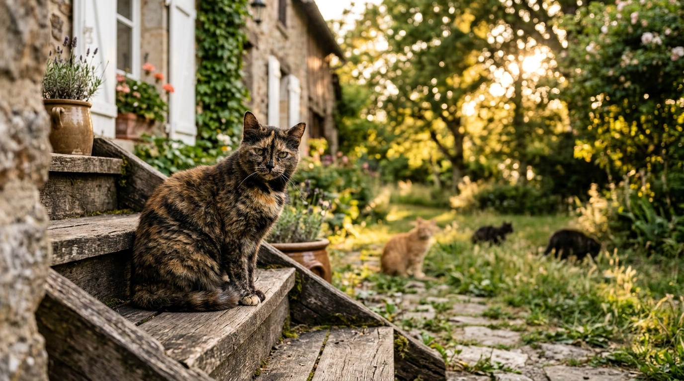 Une chatte âgée assise sereinement sur le perron en bois d'une maison