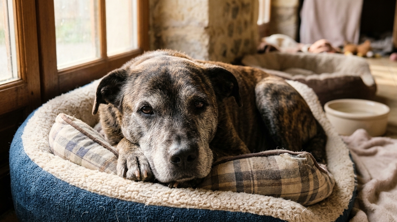 Un vieux chien bringé de 12 ans couché dans un panier au refuge