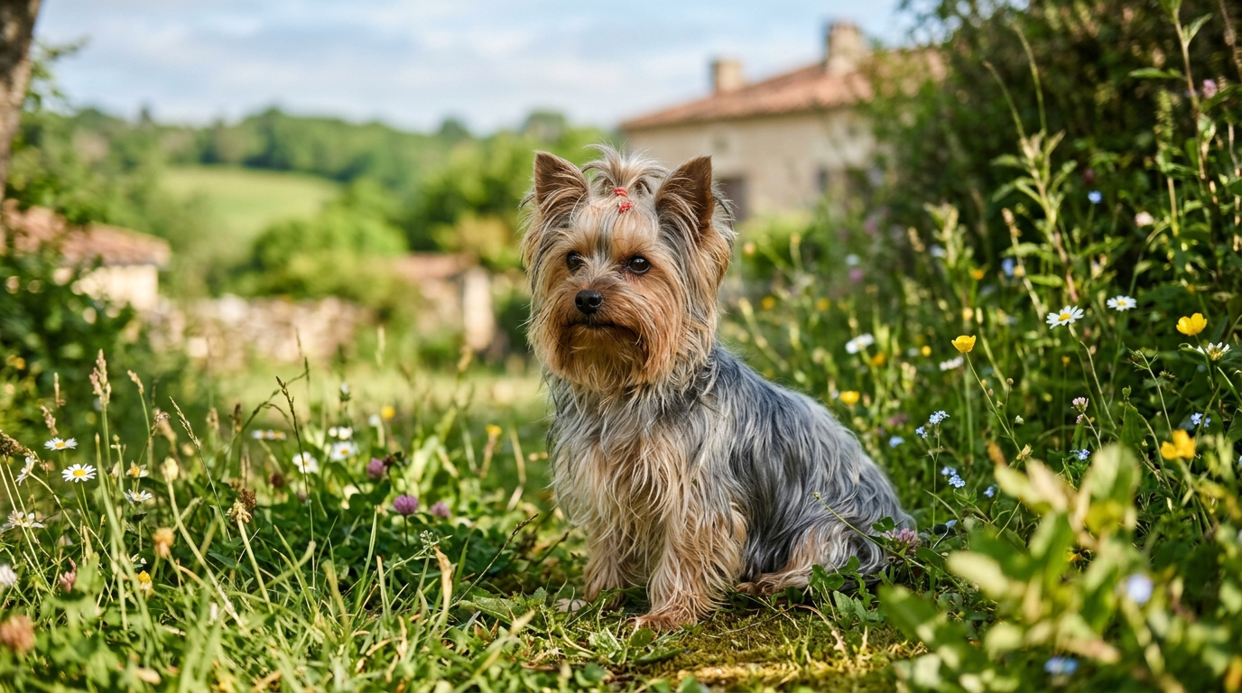 Une petite femelle Yorkshire Terrier saine et sereine dans un jardin en Dordogne